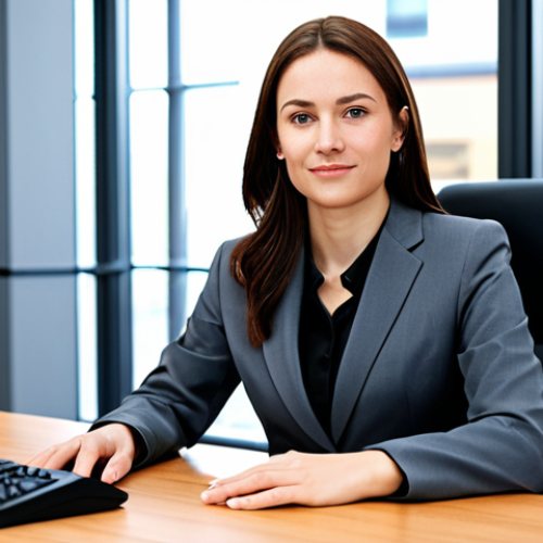 Home 18 Docker를 활용한 서버 컨테이너화 - A professional businesswoman in a modest business suit, sitting at a desk in a modern office, fully ...