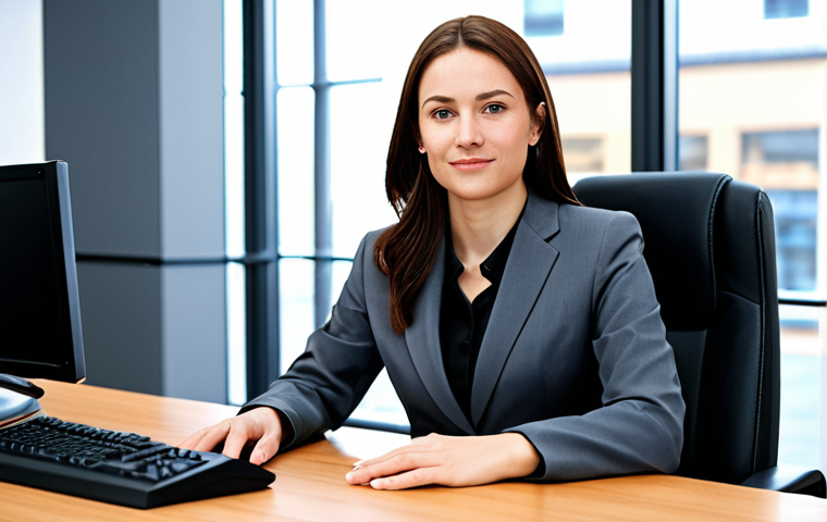 Docker를 활용한 서버 컨테이너화 - A professional businesswoman in a modest business suit, sitting at a desk in a modern office, fully ...
