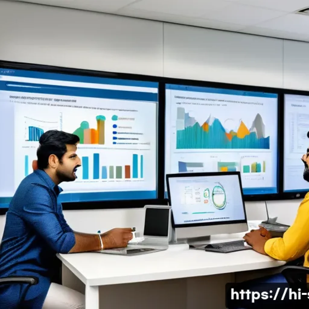 서버 데이터 마이그레이션 가이드 - A professional Indian IT team in a modern office setting, collaborating over a large digital screen ...