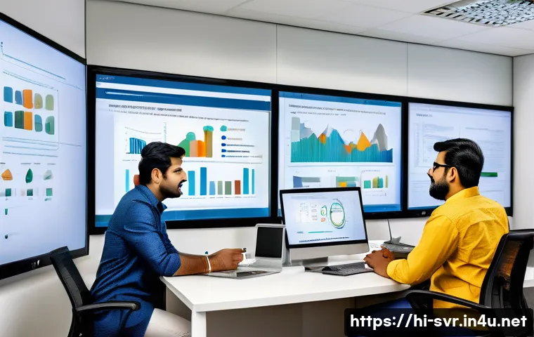 서버 데이터 마이그레이션 가이드 - A professional Indian IT team in a modern office setting, collaborating over a large digital screen ...
