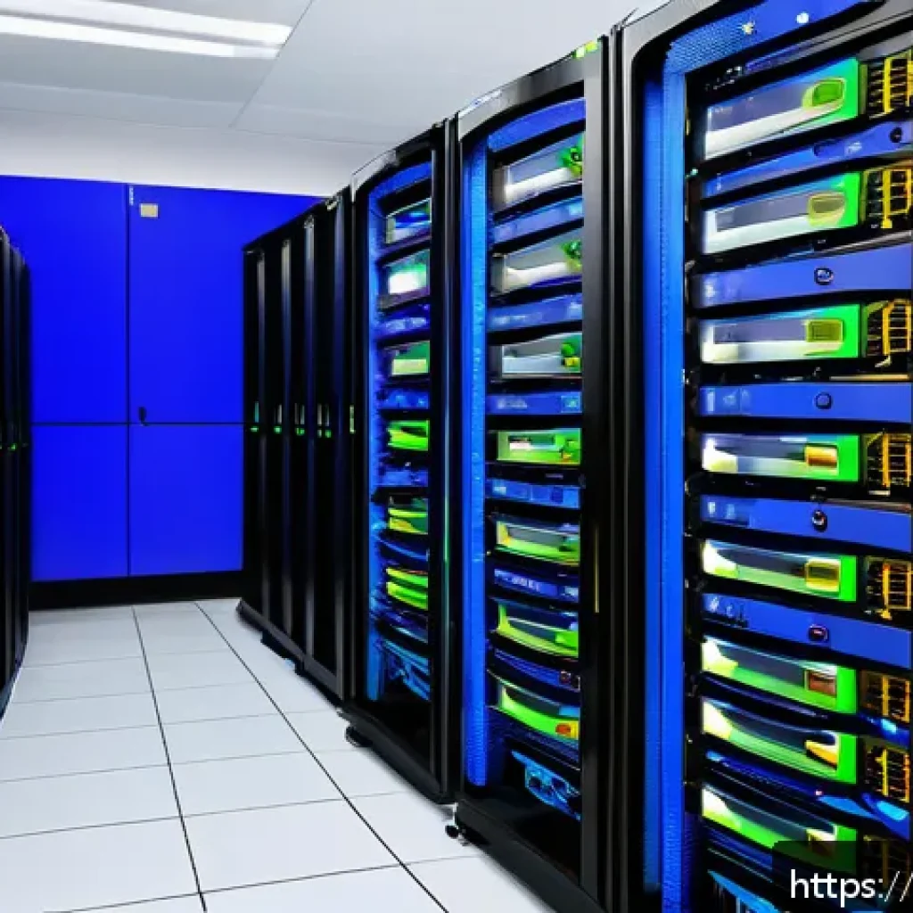 서버의 로그 데이터 저장소 선택 - A detailed illustration of a modern server room designed for Hindi-speaking users, featuring racks o...