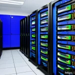 서버의 로그 데이터 저장소 선택 - A detailed illustration of a modern server room designed for Hindi-speaking users, featuring racks o...