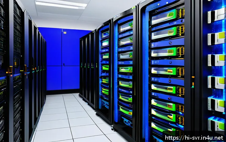 서버의 로그 데이터 저장소 선택 - A detailed illustration of a modern server room designed for Hindi-speaking users, featuring racks o...