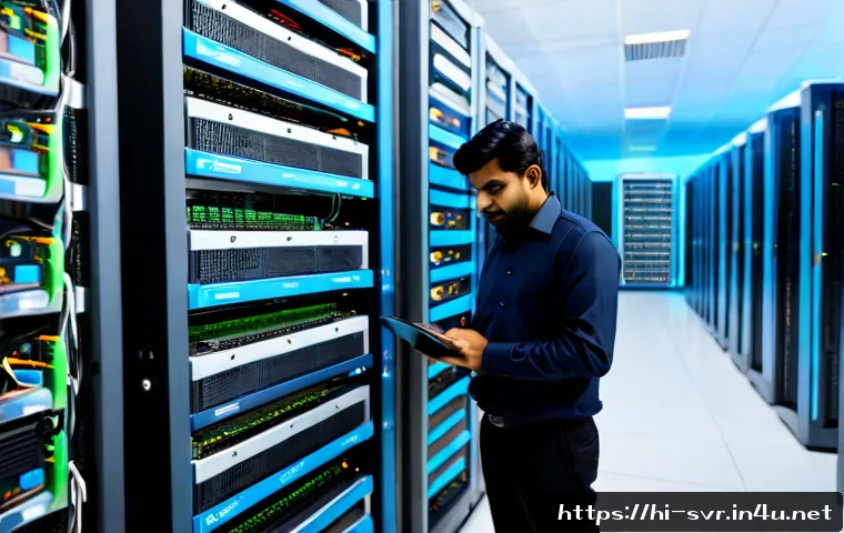 Home 17 Kubernetes로 서버 오케스트레이션 구현 - Photorealistic modern data center, Indian IT engineer in professional casual attire standing beside ...